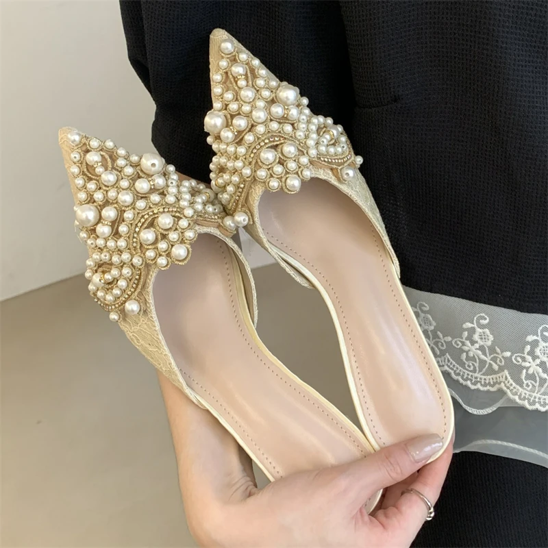 

Летние модные туфли-мюли Aneikeh с острым носком, на тонком высоком каблуке, с кружевом и элегантной отделкой бисером, для женщин, размеры 35-40