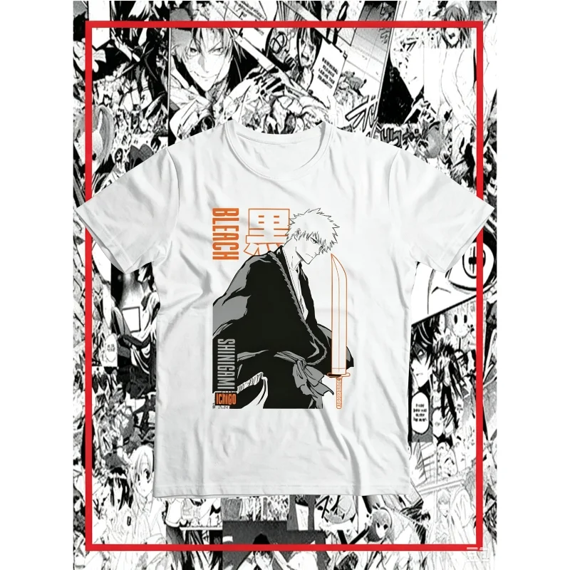 BLEACH Ichigo Kurosaki Anime T‑Shirt Vintage Manga Frame Print Oversized Unisex Crewneck Short Sleeve Y2k Casual Streetwear Tops