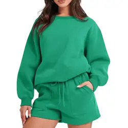 Women Sweatshirt Shorts Srt Women's Cozy Sweatshirt Shorts Set with Drawstring Waist Soft Pockets Casual Lounge Wear for Fall