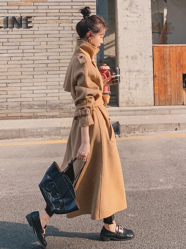 Women Long Wool Blends Overcoat Autumn Winter Nice Fashion Elegant Thicken Woolen Tops Coat Waist Belt  Loose Outerwear Female