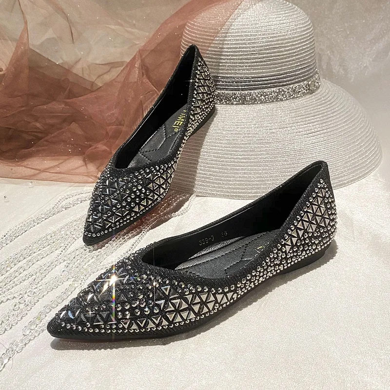 Elegant Crystal Pointed Toe Flat Shoes Elegant Comfortable Ladies Flats Girl Pointed Toe Evening Shoes Women Shoes Female S115