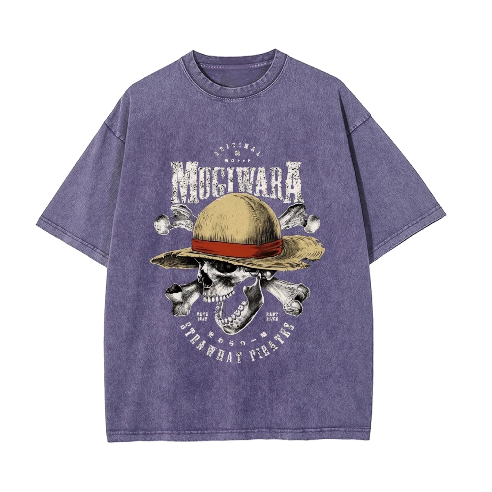 

Men's T-shirt One Piece Anime Luffy Mugiwara Straw Hat Print Washed Cotton Casual Short Sleeve Tees Summer Streetwear Casual Top