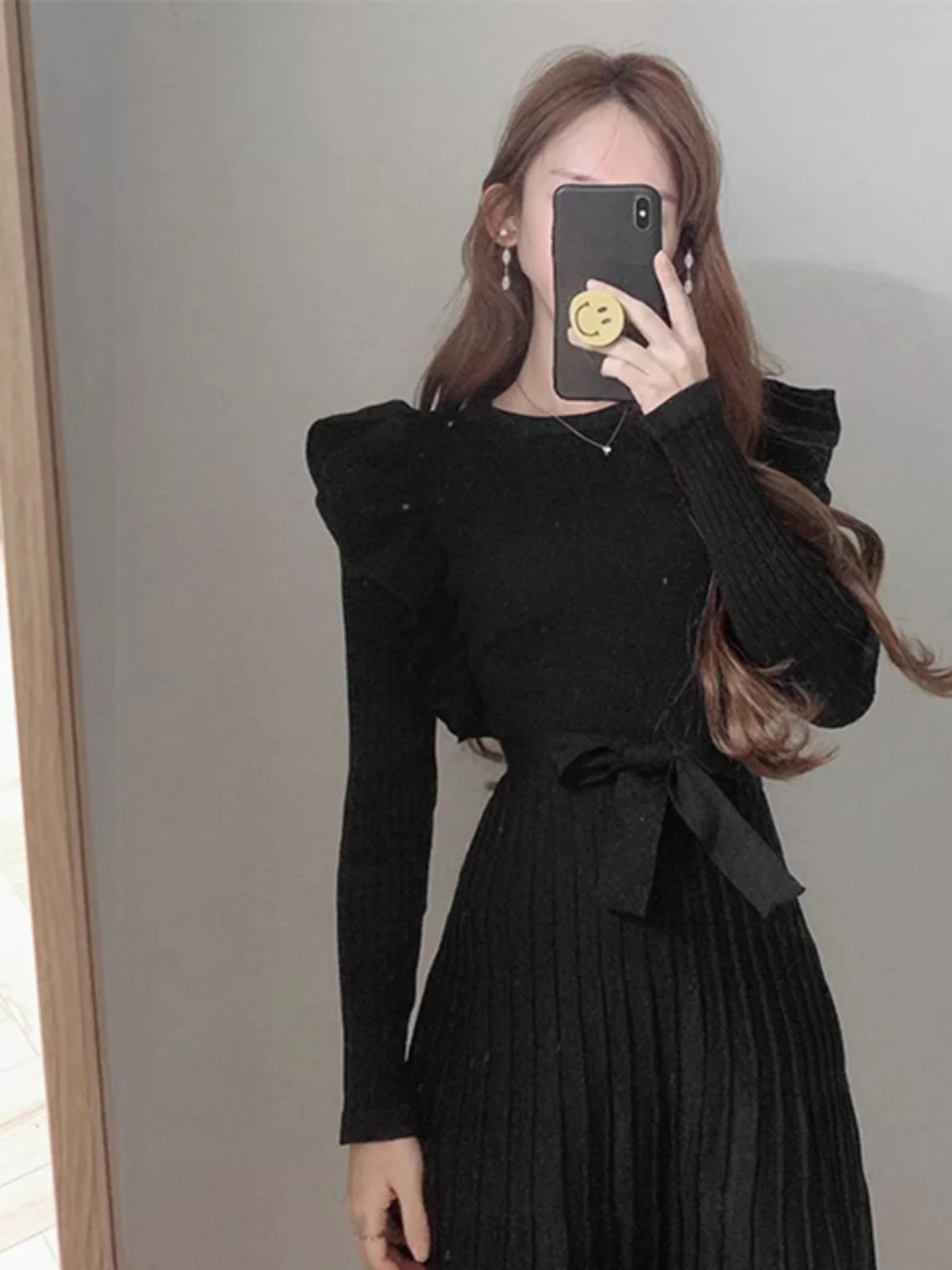 Vestido F de Tricô com Bainha de Renda cada, Cintura Marcada com Cinto, Camada Base, Saia Midi, Estilo Coreano, Go...