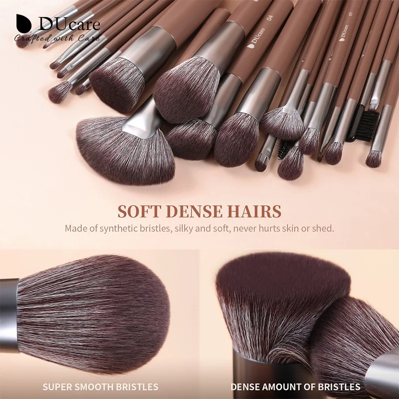 DUcare Brown Makeup Brushes 22Pcs Professional Cosmetics Nylon Hair Powder EyeShadow Eyeliner Eyebrow Blending Brushes with BAG