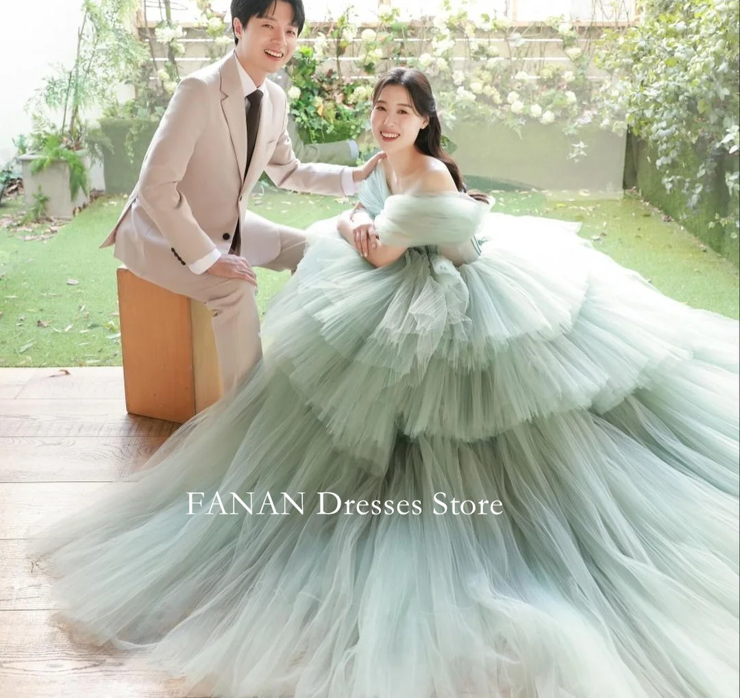 FANAN Off Shoulder Evening Party Dresses Korea Green Layered Princess A-Line Tulle Wedding Women Formal Gowns Event Prom Gowns