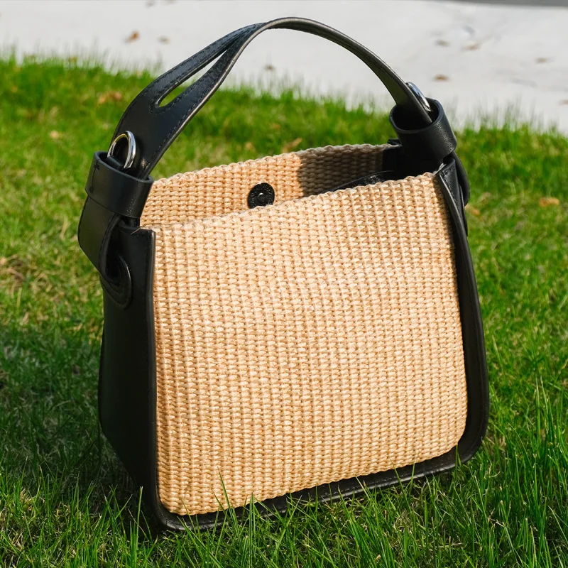 

2025 Ladies Genuine Leather Handbags Luxury Designer Woven Straw Patchwork Tote Bag Women Trendy Adjustable Strap Shoulder Bag
