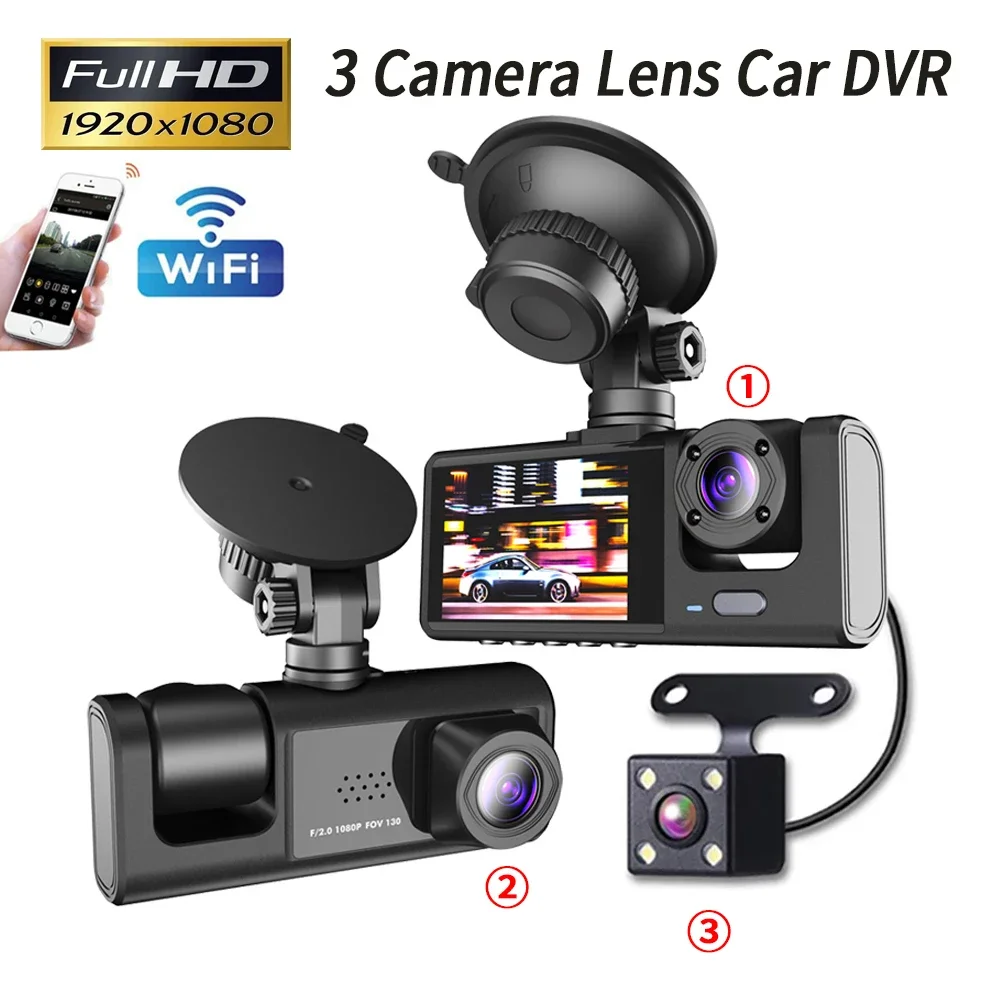 

3 Channel Car DVR HD 1080P Inside Vehicle Dash Cam With WIFI Camera DVRs Recorder Night Vision Video Registrator Dashcam for Car