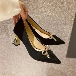 Pumps 2024 Women's High Heels Fashion Pointy Thick Heels Sexy Summer Women's Dress Shoes Luxury Rhinestones Bow Party Women Shoe