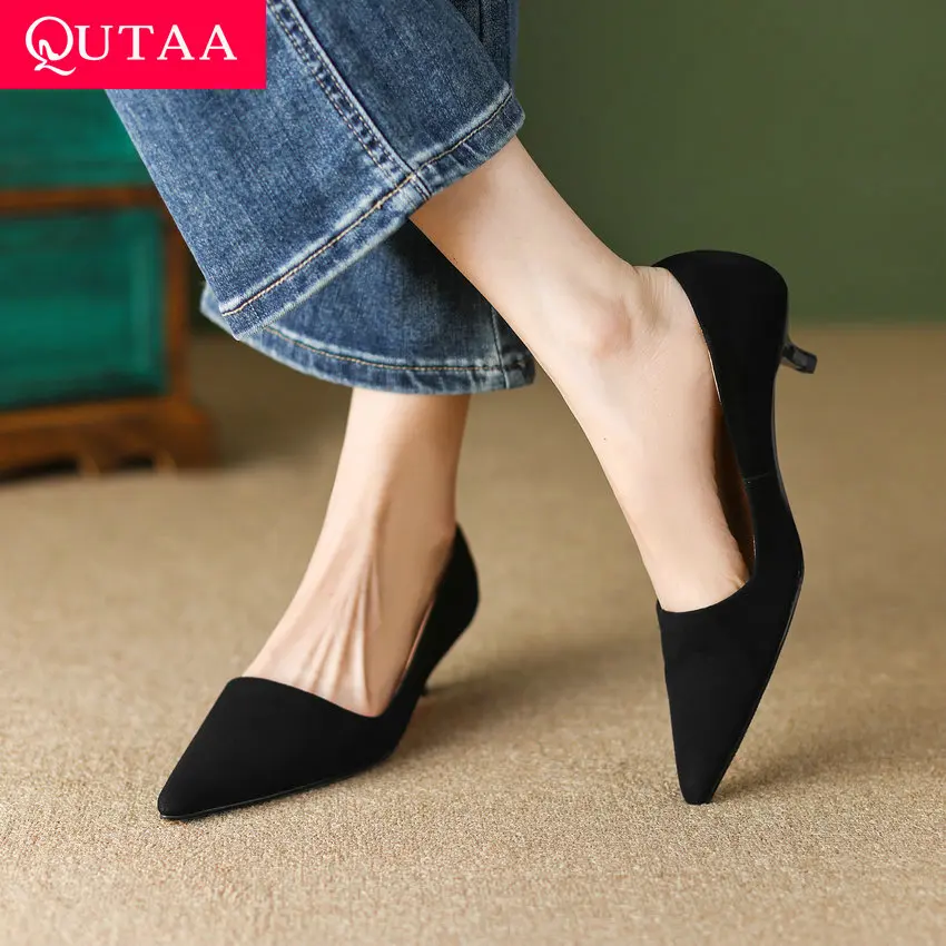 QUTAA 2023 Spring Summer Women Pumps Elegant Pointed Toe Med Heel Shoes Woman Prom Party Wedding Office Ladies Size 34-39