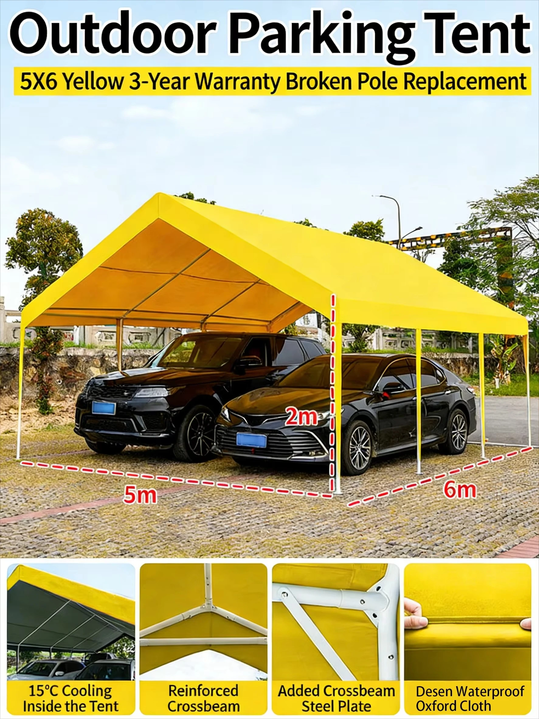 

Навес для двух автомобилей из нержавеющей стали с водонепроницаемой УФ-стойкой крышей из полиэтилена, портативный, прочный, простой в сборке, с окном