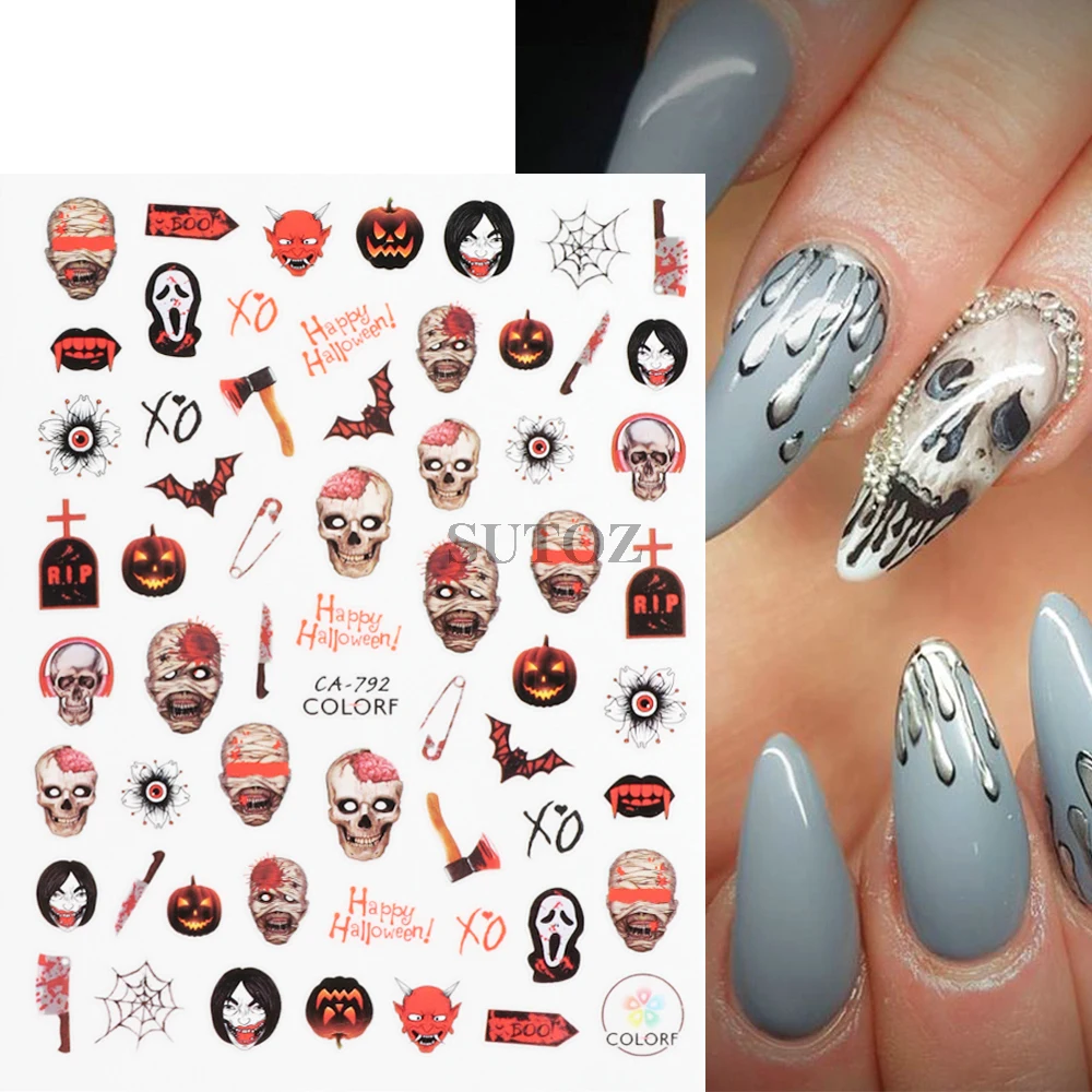 Halloween Spooky Nail Stickers Centipede Spider Nail Decals Blood Drips Scar Lips Skulls Sliders Manicure Horror Decor NTCA-788