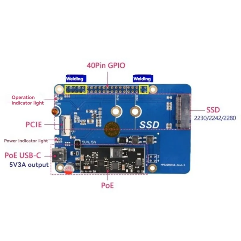 AED7-MPS2280 POE For Raspberry Pi 5 Pcie To M.2 Nvme SSD Expansion Adapter Board HAT Pi5 2280/2242/2230