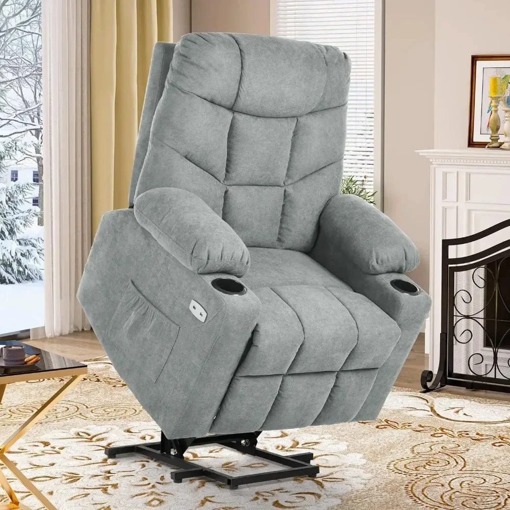 Electric Power Lift Recliner Chair for Elderly, Fabric Recliner Chair with Massage and Heat, Spacious Seat USB Ports Cup Holders