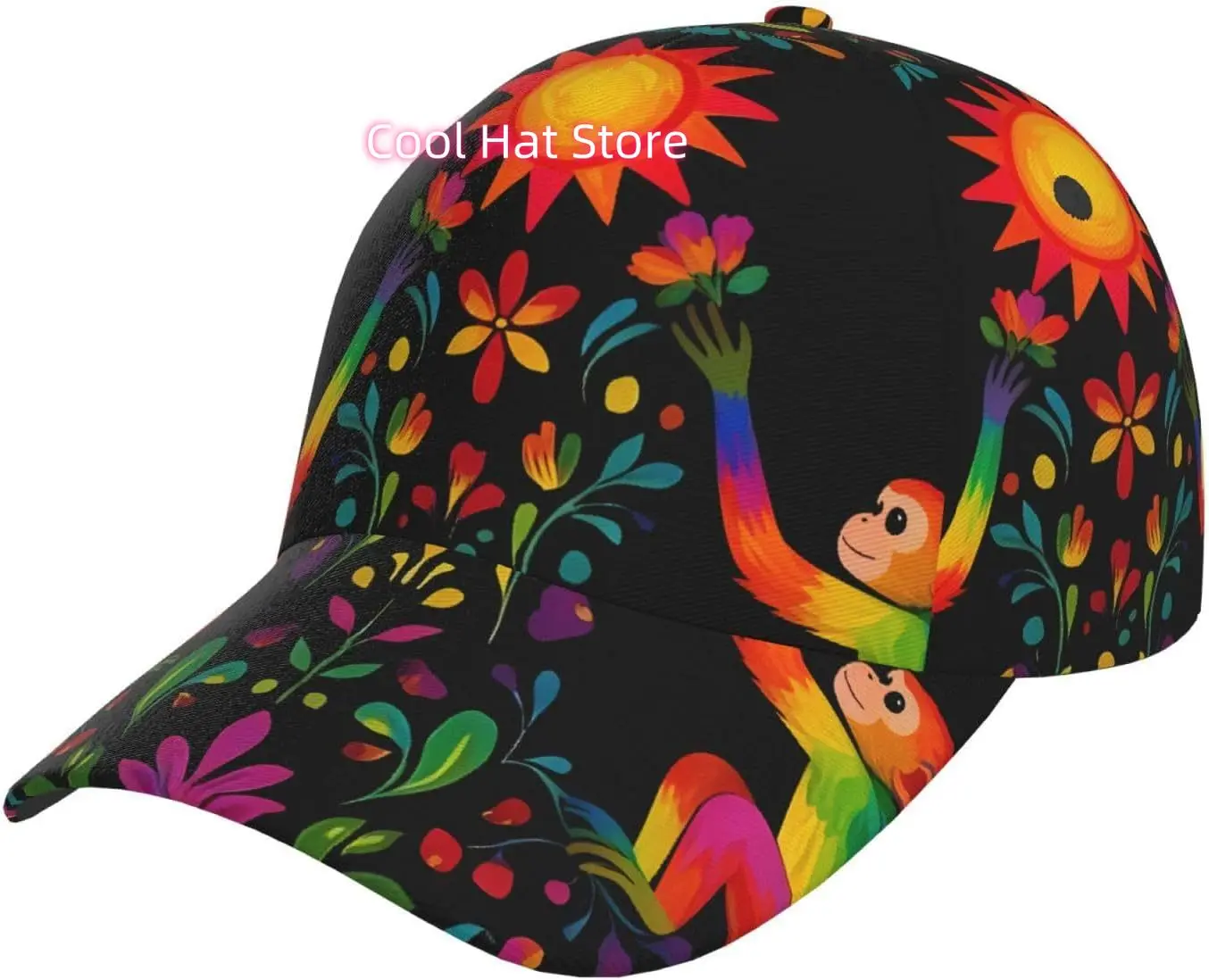 Cute Monkey Flower Pattern Baseball Cap Adjustable Cotton Baseball Hat for Sports, Outdoor, Travel Gifts for Men Black