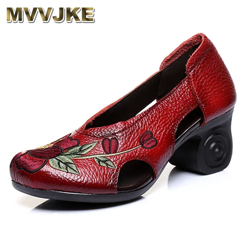 MVVJKE Spring Summer Pumps Women Shoes Slip on Embroider Vintage Floral Shoes Ladies Chunky Heel Genuine Leather Sandals