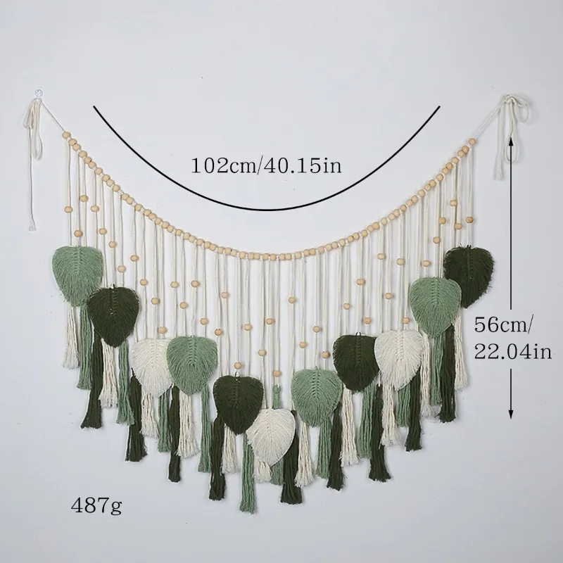 1 PC  Nordic Cotton Rope Handwoven Wood Bead Leaves Tapestry Fringe Wall Hanging Bohemian Style Home Decor Handmade Craft Gift