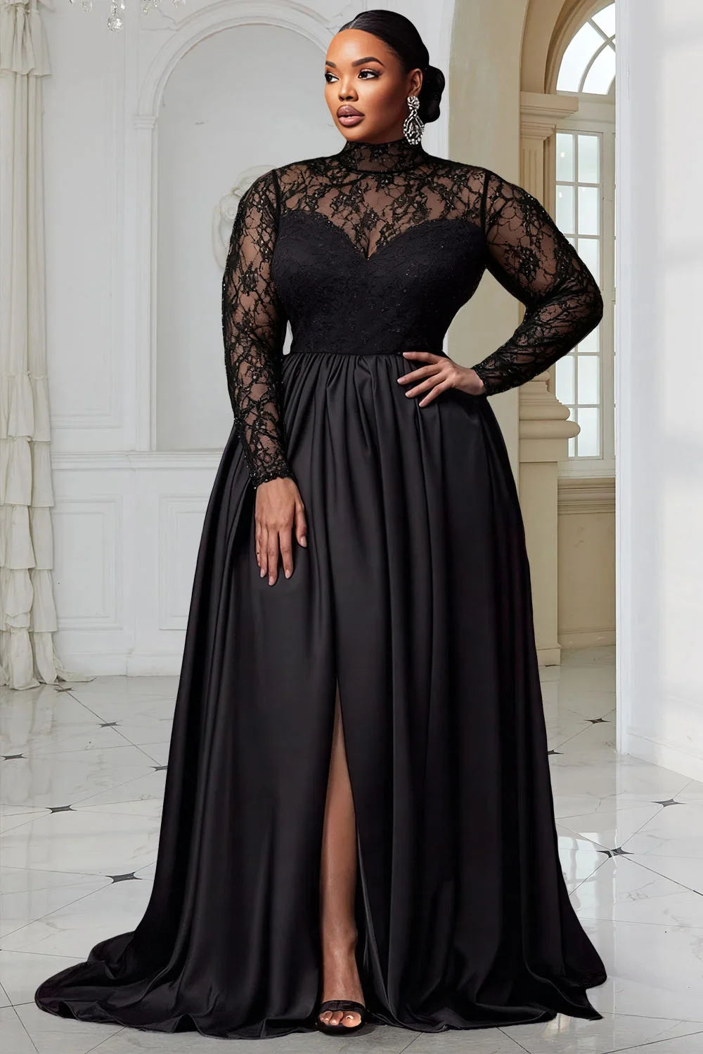 

Plus Size Formal Black Mock Neck Long Sleeve Split Elegant Sequin Satin Maxi Dresses
