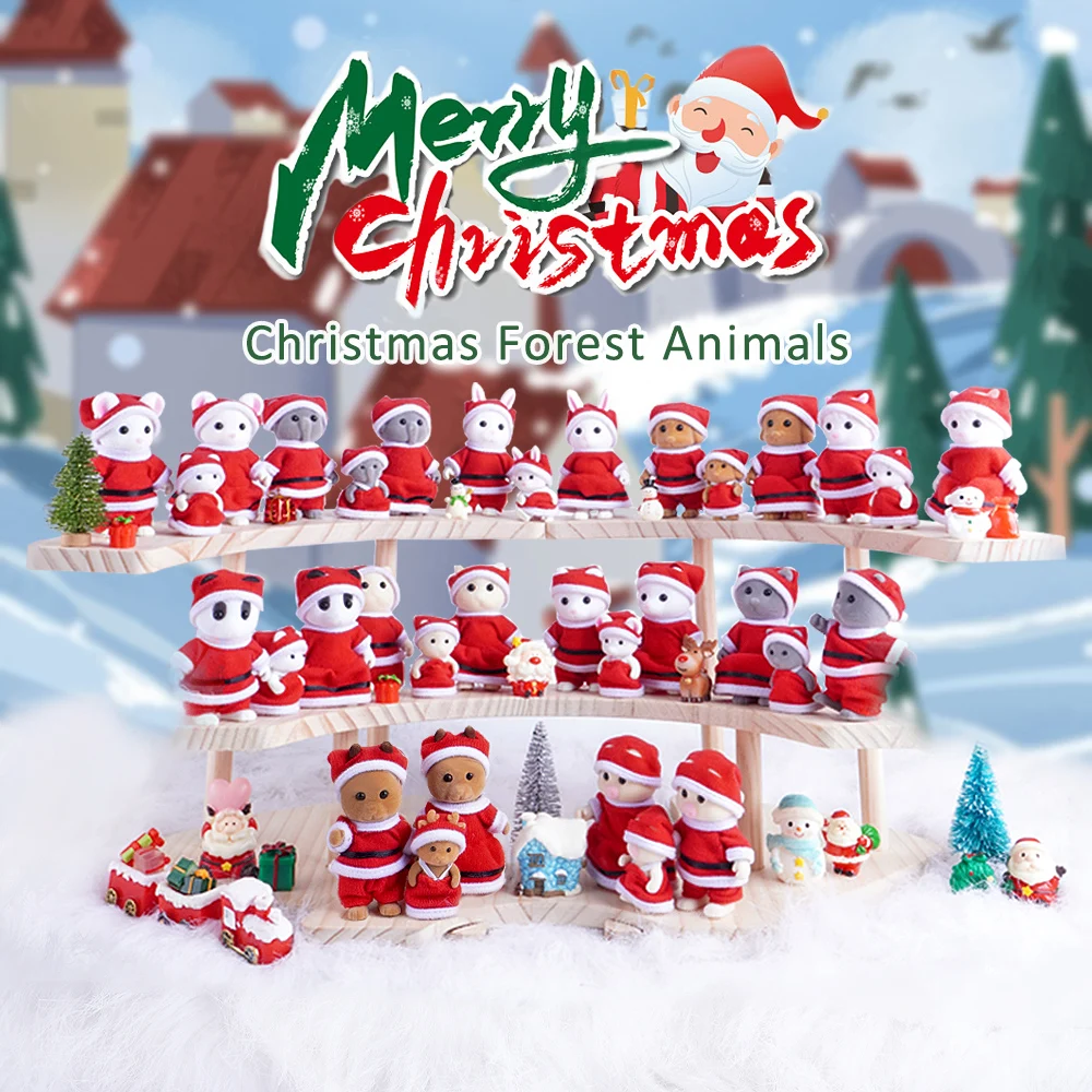 Christmas Forest Family Reindeer Bunny Sheep Animal Simulation Dollhouse Playset Play House Toy Accessories Xmas Gift for Kids