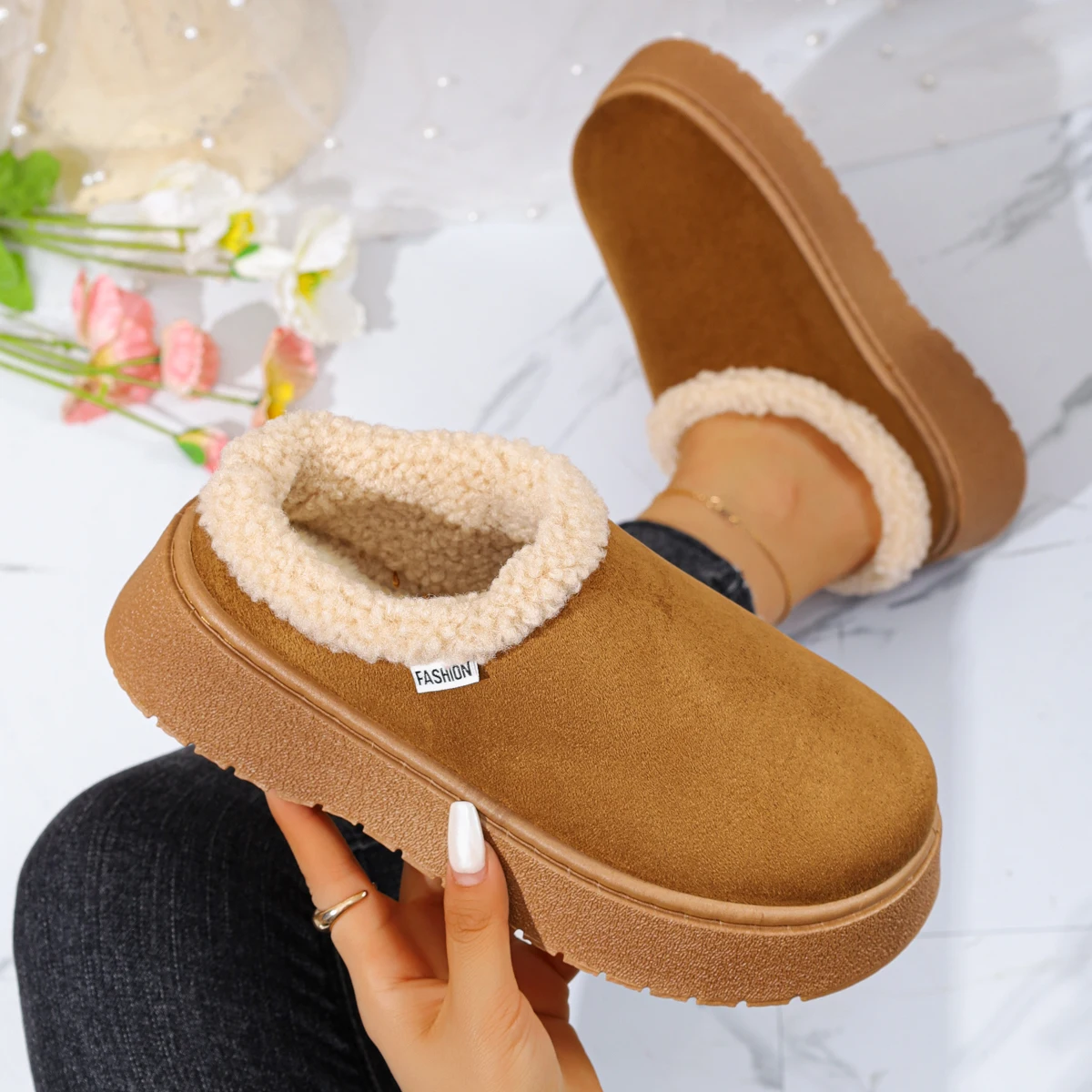 Women Snow Boots Solid Color Platform Ankle Boots Woman 2025 Winter New Round Toe Slip on Soft Warm Shoes Women Zapatos De Mujer
