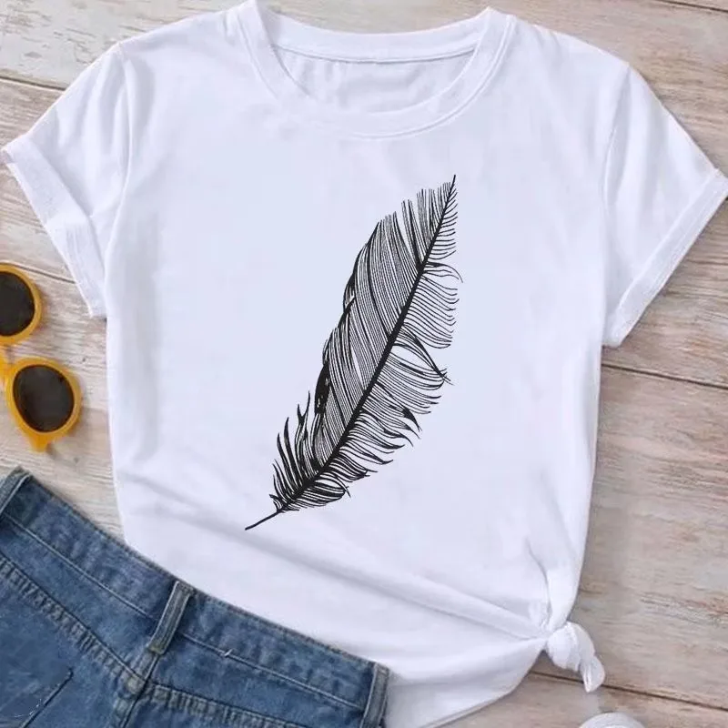 

Artistic Graphic T Shirt Women Men Unisex Feather Butterfly Musical Note Print Casual Short Sleeve Summer Top Tees
