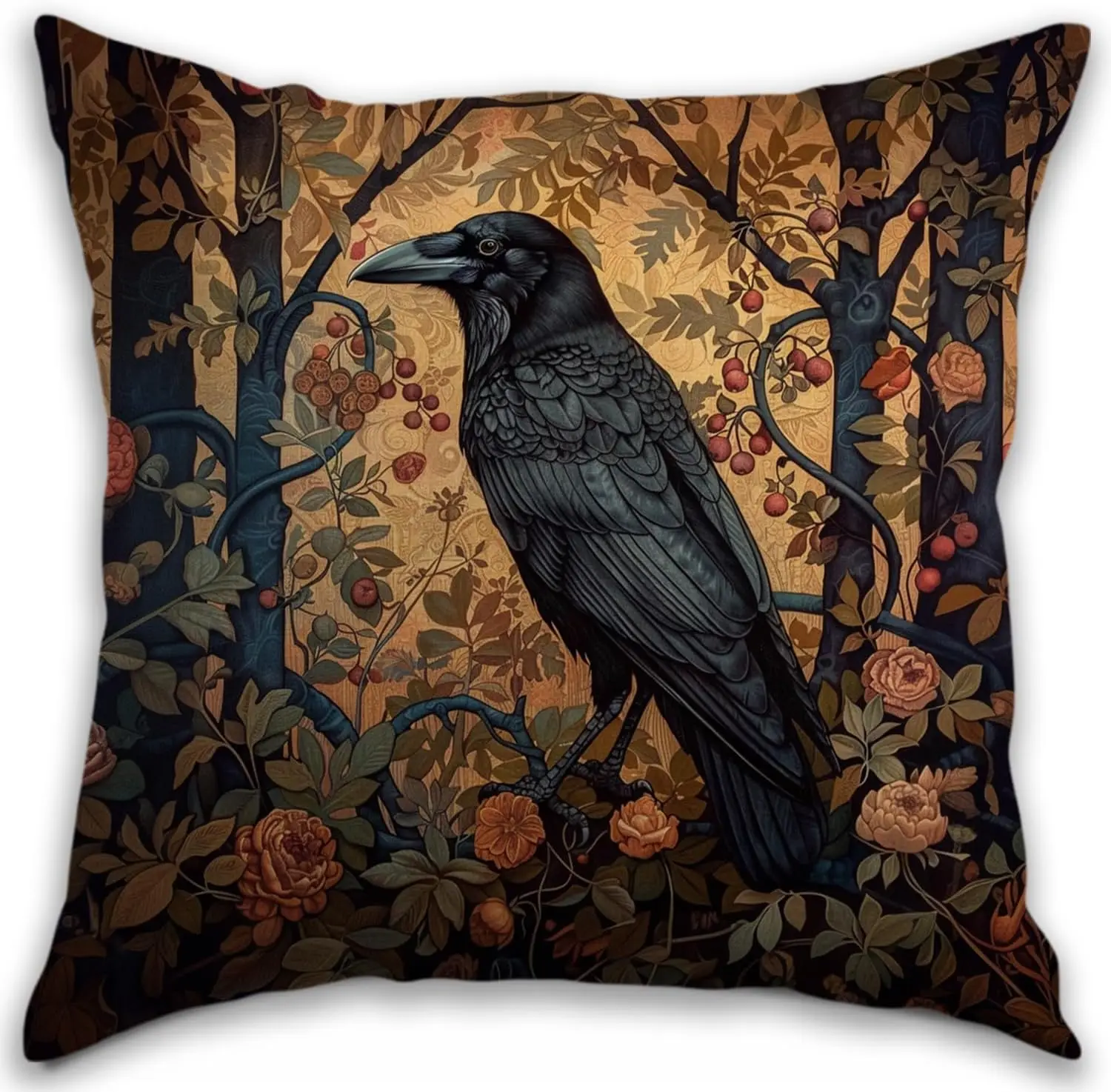 Vintage Gothic Crow Art Pillow Covers Cushion Decor Botanical Prints Dark Academia Style 40x40cm