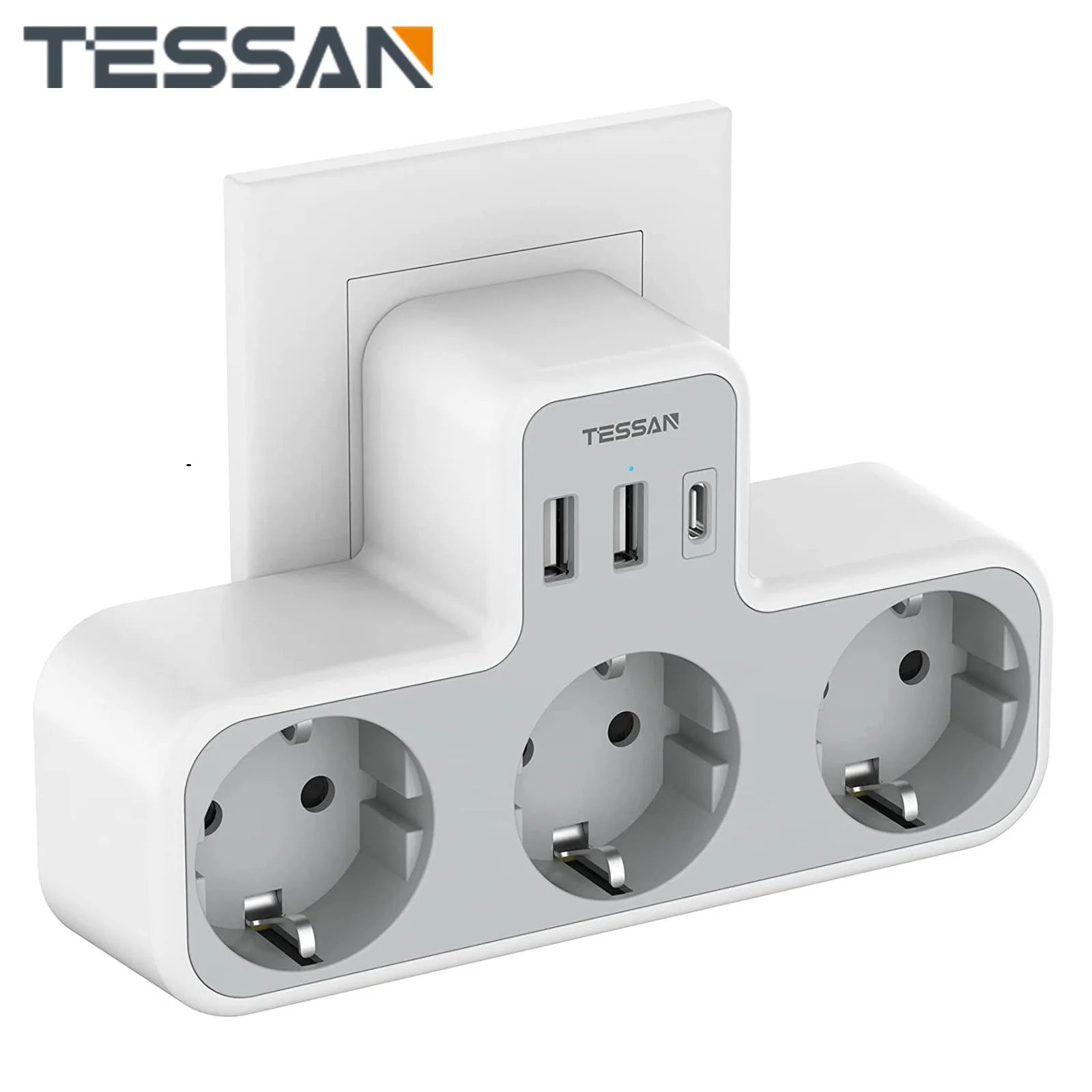 TESSAN Listwa zasilająca z wtyczką EU z 3 gniazdami AC + 2 portami USB + 1 typ C, adapter gniazda wtykowego 6 w 1 Ładowarka ścienna do domowego biura