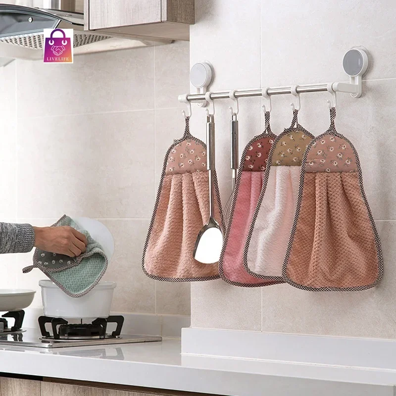 Coral Velvet Hand Towel Hanging Absorbent Towel Thickened Kitchen Hanging Towel Cleaning Rag Dish  Cloths household