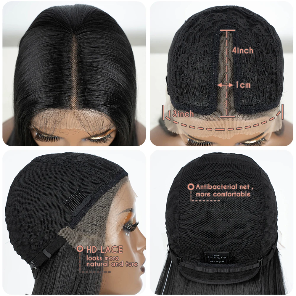 Peruka syntetyczna typu lace front, prosta, bob z baby hair, kokarda, czarno-blond, 22 cale, peruka cosplay dla kobiet, peruka odporna na ciepło.