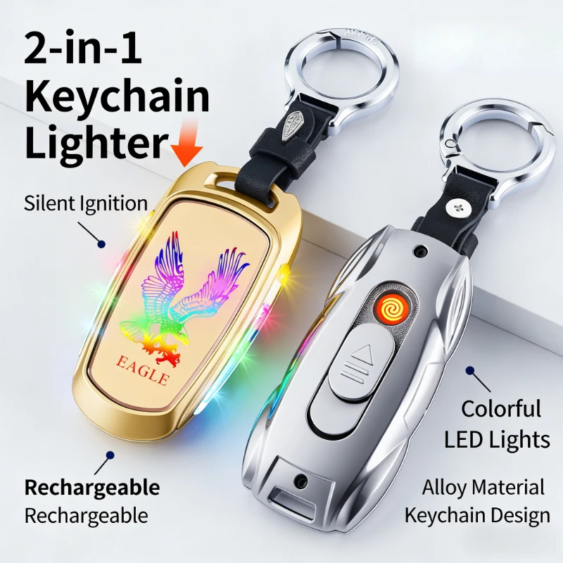 

2-in-1 Keychain Lighter USB Rechargeable Tungsten Arc Windproof Ignition Creative Portable Fashion Cigarette Accessories Gadget