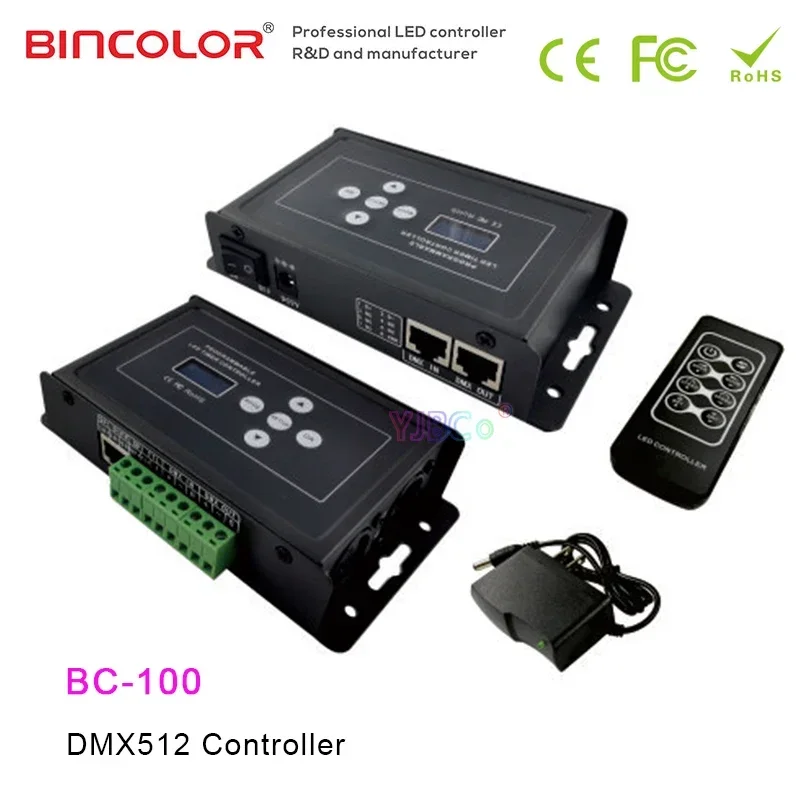 

Bincolor RGB IC Pixel LED Strip light controller DMX512/SPI signal Dimmer Wireless RF Remote switch 9VDC connector XLR-3, RJ45