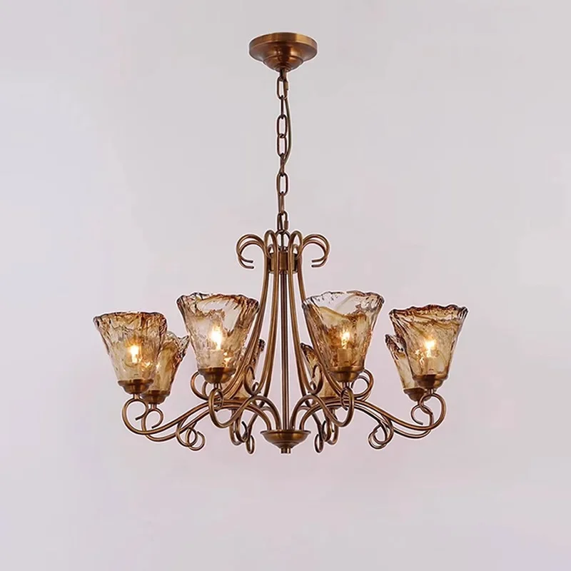American all-copper living room chandelier, creative retro French villa dining room glass bedroom study lamp