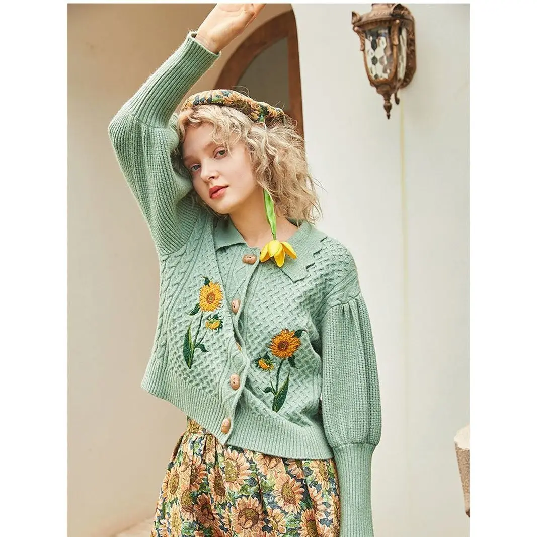 Women Autumn Winter Retro Sunflowers Embroidery Knitted Cardigan Twist Crocheted Sweater Coat Lantern Sleeve Knitwear Tops+Skirt