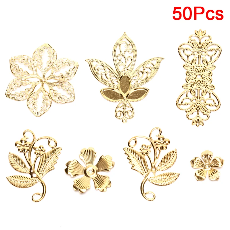 【IIOO】50Pcs Vintage Metal Leaf Filigree Flower Slice Charms DIY Craft Jewelry Making Tools