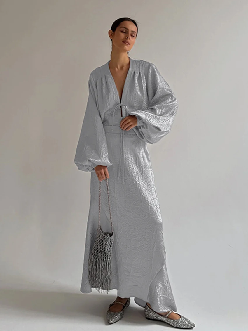 

Marthaqiqi Fashion Female Nightgown Suit Long Sleeve Sleepwear Sexy V-Neck Pajamas Crop Top Nightie Long Skirts Women Pajama Set