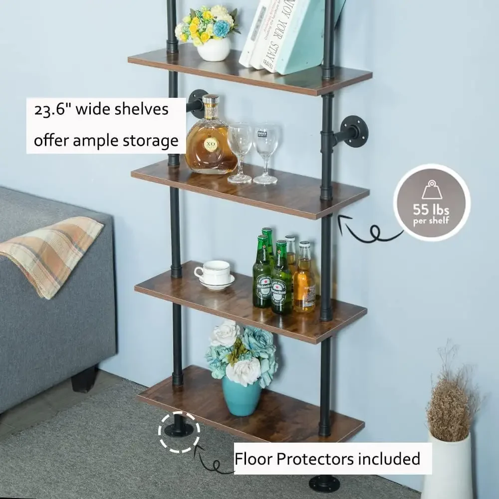 

5 Shelf Industrial Pipe Shelving, Black Modern Bookcase Bookshelf, Wall Mount Ladder Shelf with Metal Frame Display Selves