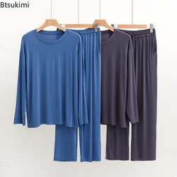 2024 New Modal Cotton Large Size Pajamas Sets Men's Solid Loose Long Sleeve Trousers Homewear Two Pieces Man Comfort Lounge Sets