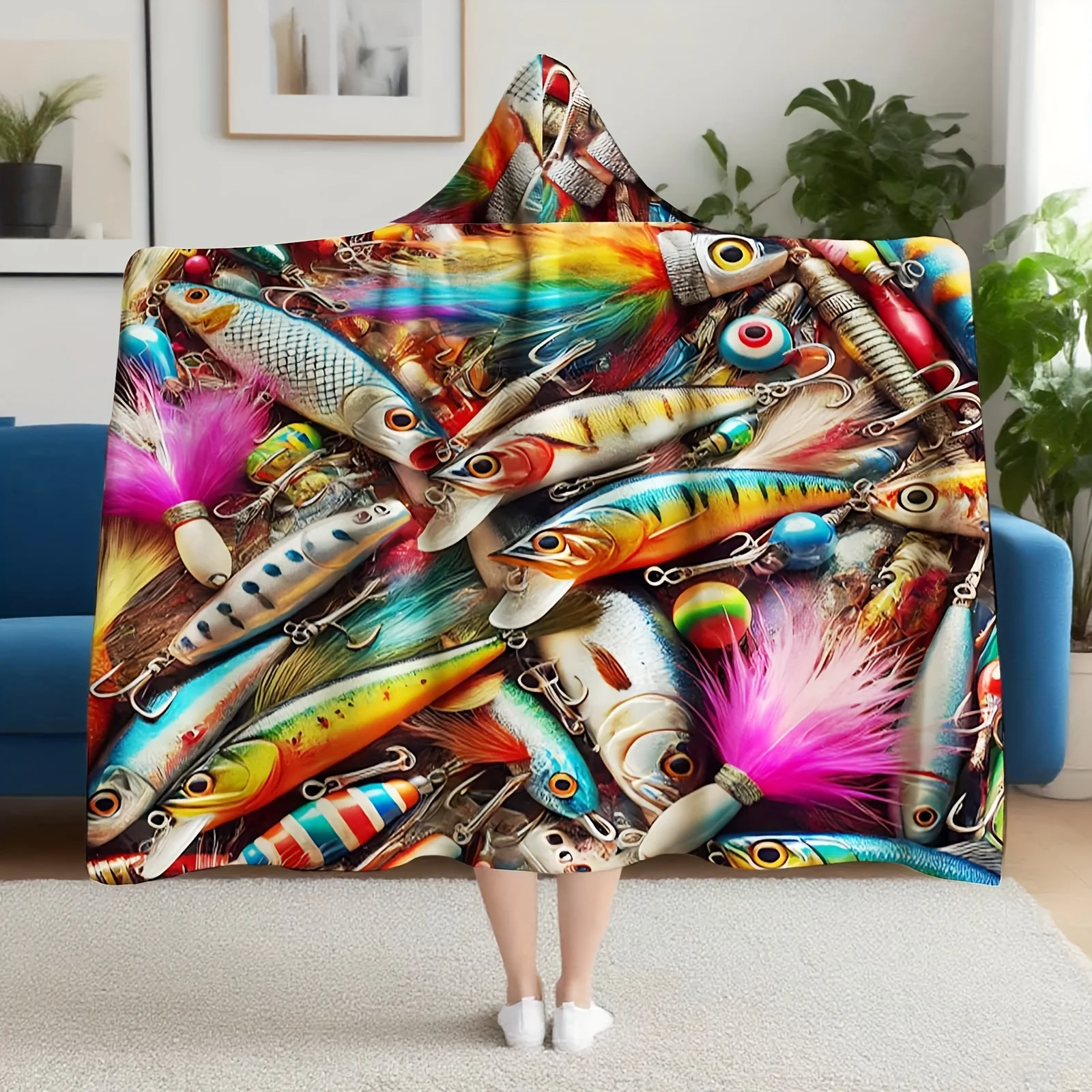 

Retro Fishing Lures Design Hooded Blanket & Hoodie - All-Season Soft Flannel Throw for Office Travel Vibrant Mixed Colors Gift