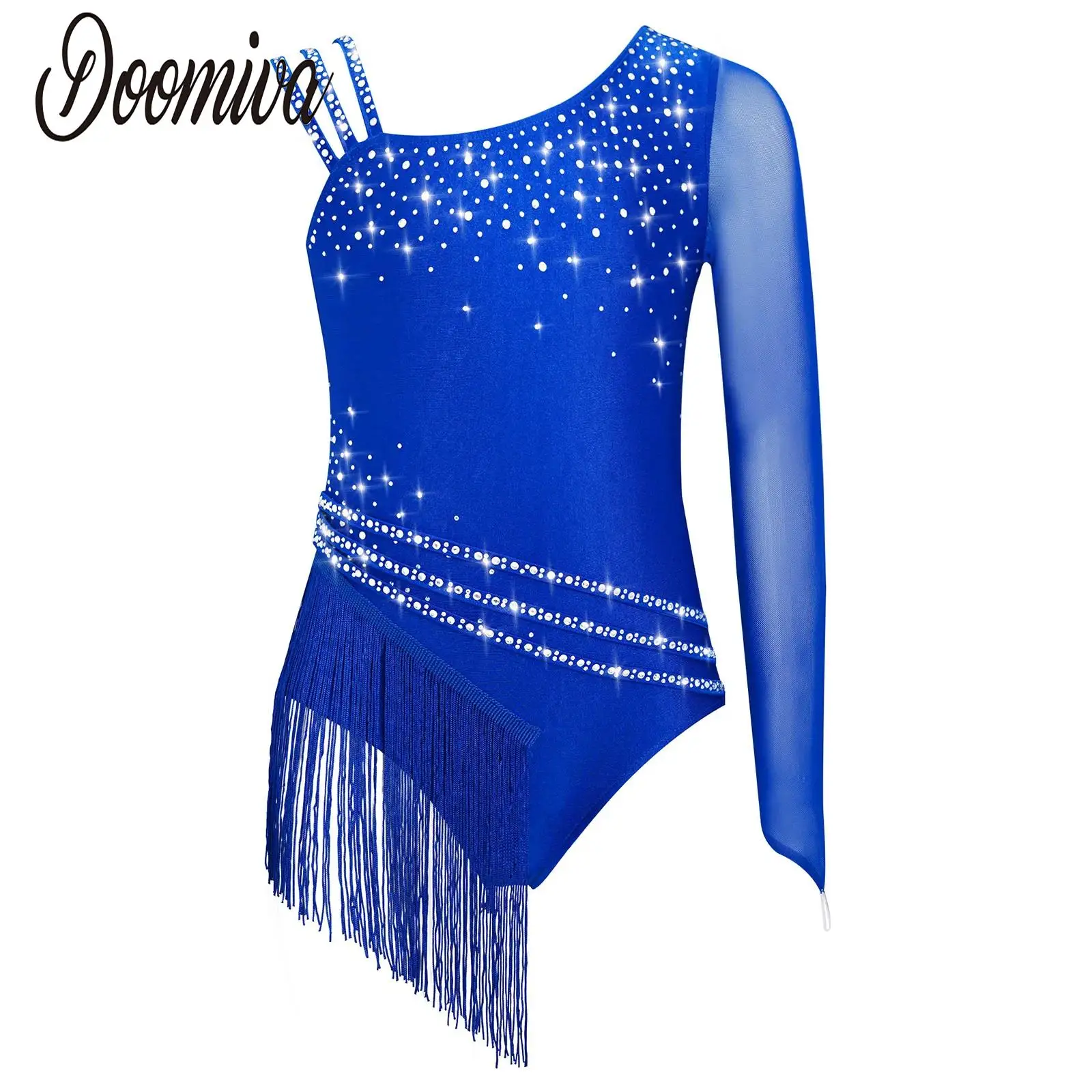 

Leotard Rhinestones Dresses for Girls Figure Ice Skating Gymnastic Performance Costume One Sleeve Bodysuit Rhythmic Dancewear