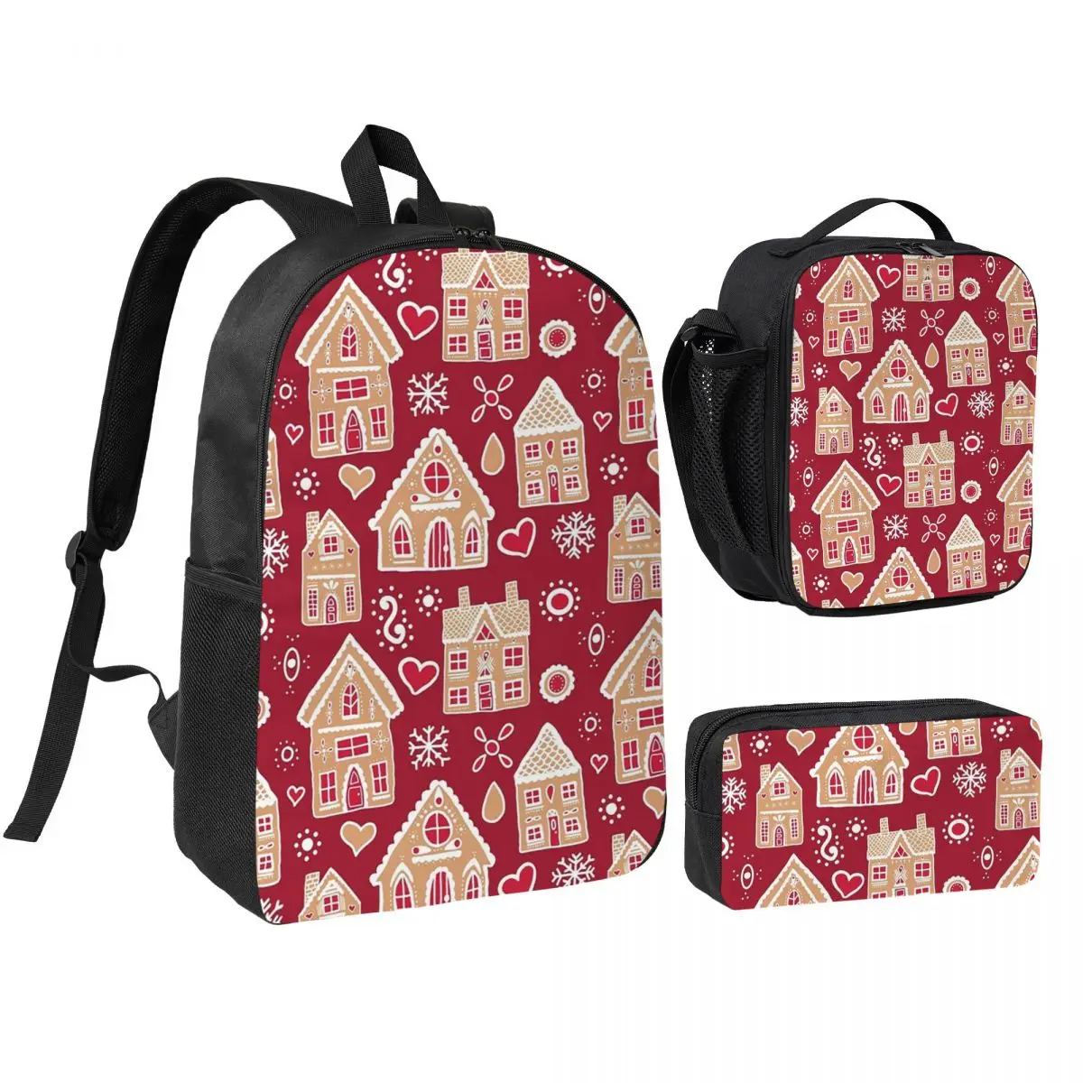 

Christmas Gingerbread House Pattern Backpack Boys Girls BookBag School Bag Shoulder Bags 3ps Insulated Lunch Bag Pencil Case