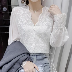 Women Embroidered Elegant White Lace Blouse V-neck Vintage Woman Shirt Wavy Cut Long Sleeve Office Lady Tops Blusas 17381