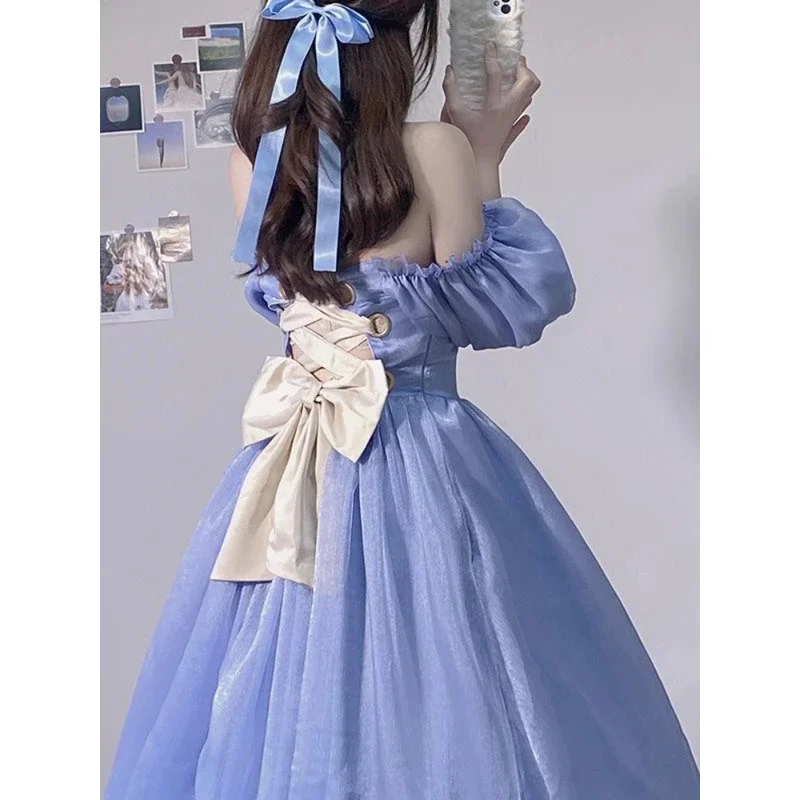 여름 세련된 블루 요정 드레스 여성 프랑스 빈티지 퍼프 슬리브 달콤한 공주 드레스 여성 우아한 저녁 파티 미디 베스 티드