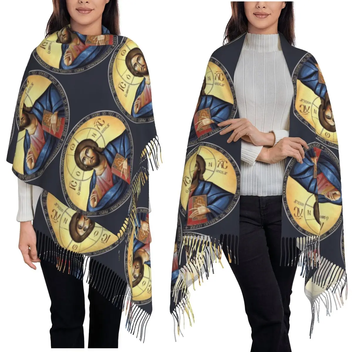 Christ Yeshua Jesus Christian Pantocrator Orthodox Icon Scarf Tassel Scarves for Women Shawls and Wraps Long Winter Shawl Wrap