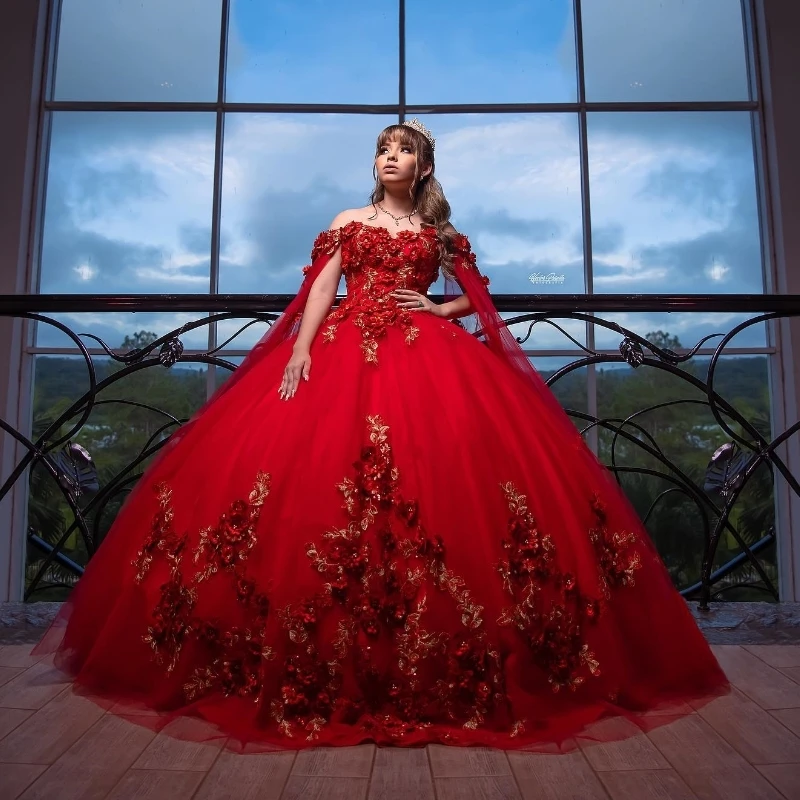 Lorencia-vestido De quinceañera brillante rojo, vestido De baile sin hombros, apliques De flores 3D con gorra, dulce 16, 15 De XV Años, YQD536