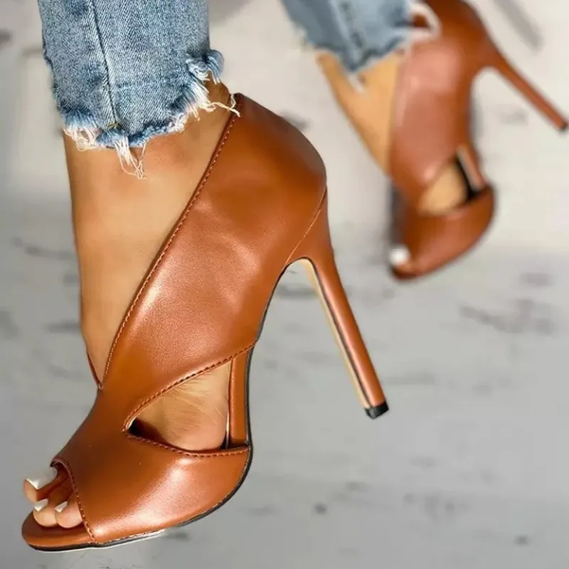 

Leather Hollow-out Sandals Sexy Nightclub Party High Heel Fish Mouth Party Pole Dance Shoes Size 34-43 Thin Heel Women's Shoes
