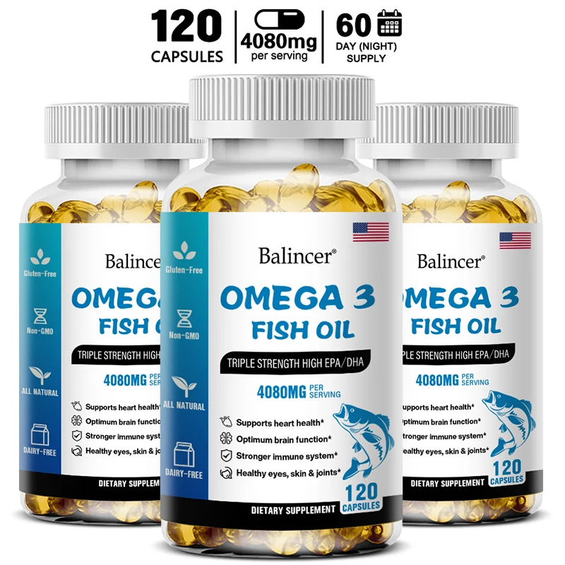 Fish Oil, Dietary Supplement, Omega-3, Supports Heart Health Brain Skin Joints Immune & Eyes, 4080mg, 120 Rapid Release Softgels