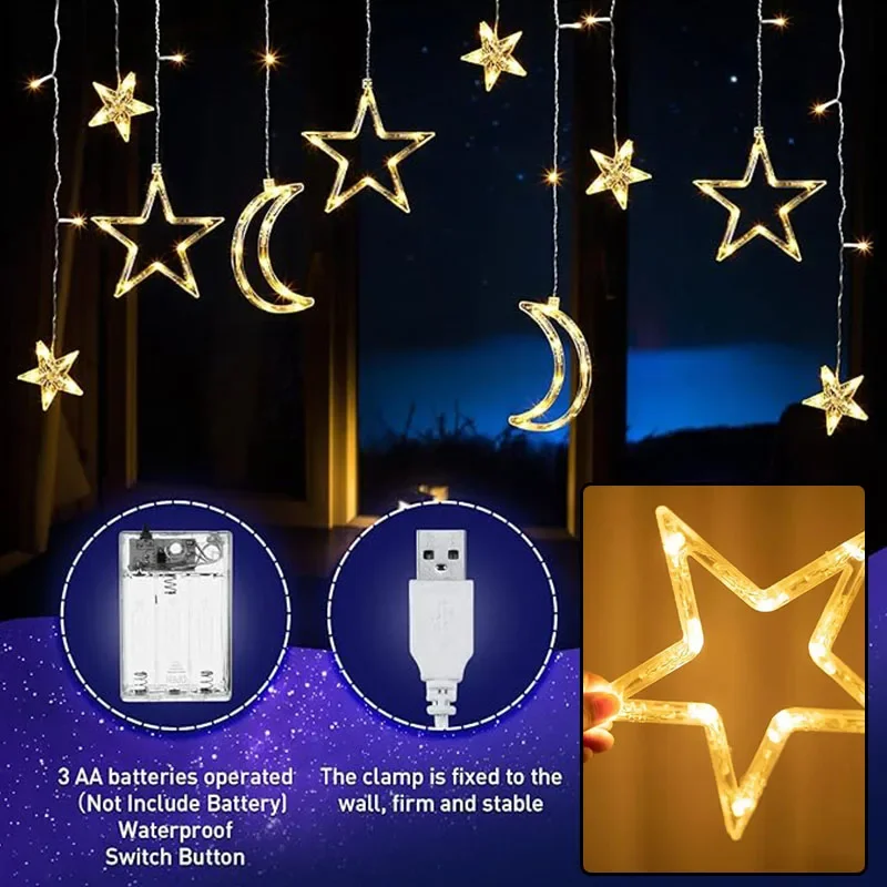

LED Curtain Light Fairy String Lamp Hanging Star Moon Garland USB&Battery For Ramadan Home Camping Christmas Wedding Party Decor