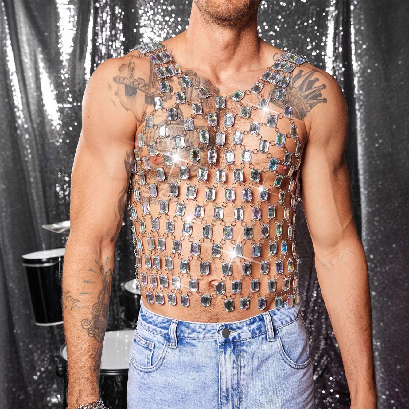 

Sexy Men's Night Outfit Glitter Sleeveless Crystal Tank Top Sliver Chain Vest for Party Rave Clubwear Man Lingerie Top Costume