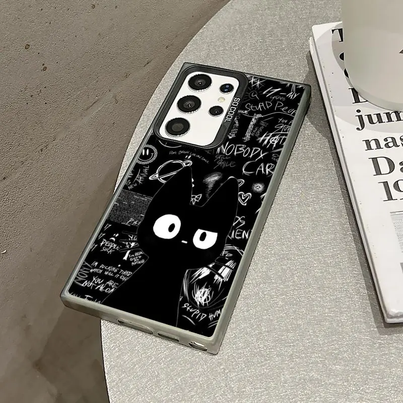 

For Samsung S25 S22 Ultra Plus S24 S23 Ultra Plus FE S21 FE Laser Phone Case Cartoon Illustration Black Cat And Rabbit Covers