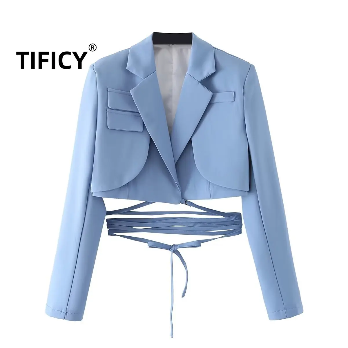 TIFICY Korean Edition Blazers Crop Tops Women\'s Fashion Solid Color Waist Tie Rope Short Suit Coat