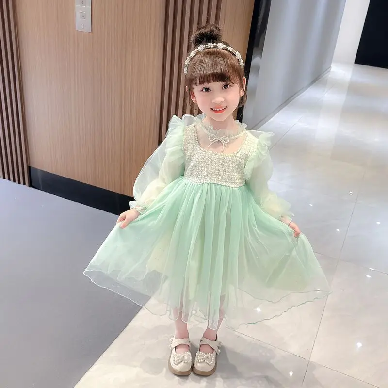 Girls' Dress Long Sleeved Spring 2024 Sweet Baby Elegant Little Girl Princess Fashion Spliced Lace Square Neck Wing Loose Dress